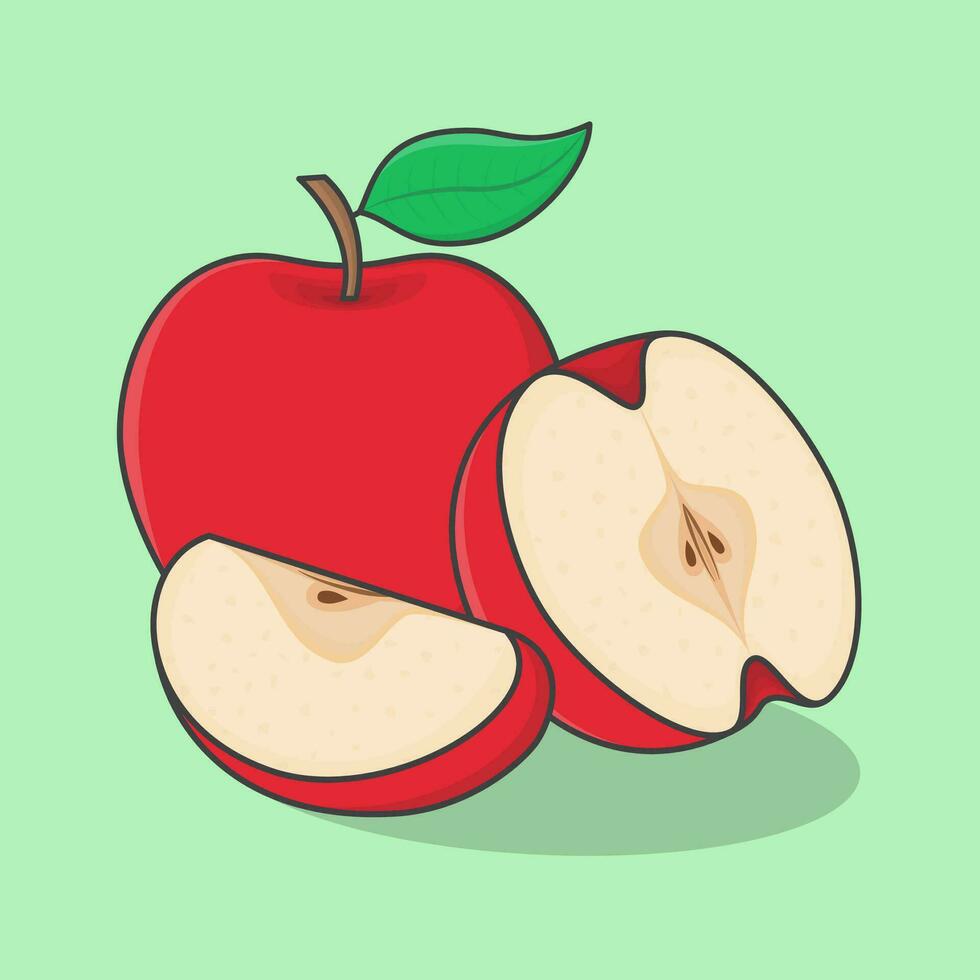 Pomme fruit dessin animé vecteur illustration. tranche et entier de Pomme plat icône contour