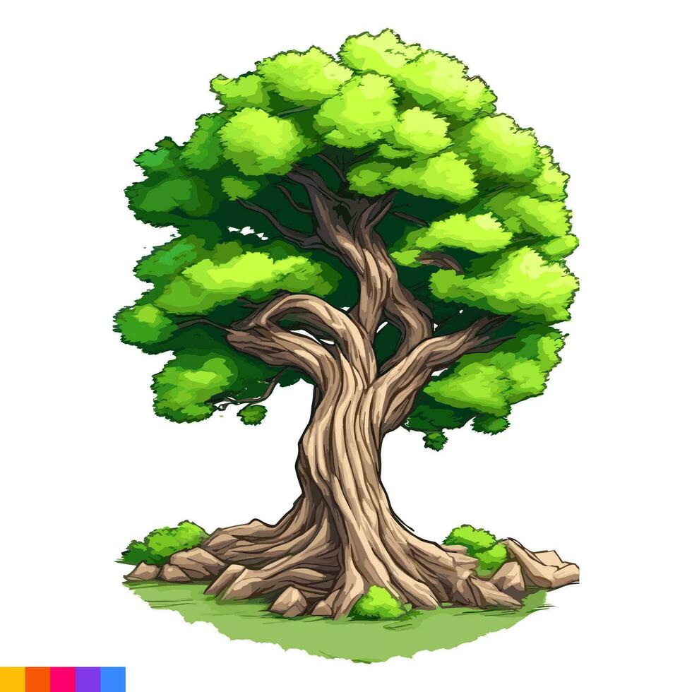 vecteur dessin animé illustration de une grand à tronc forêt arbre avec vert feuilles isolé sur une blanc Contexte - eps dix