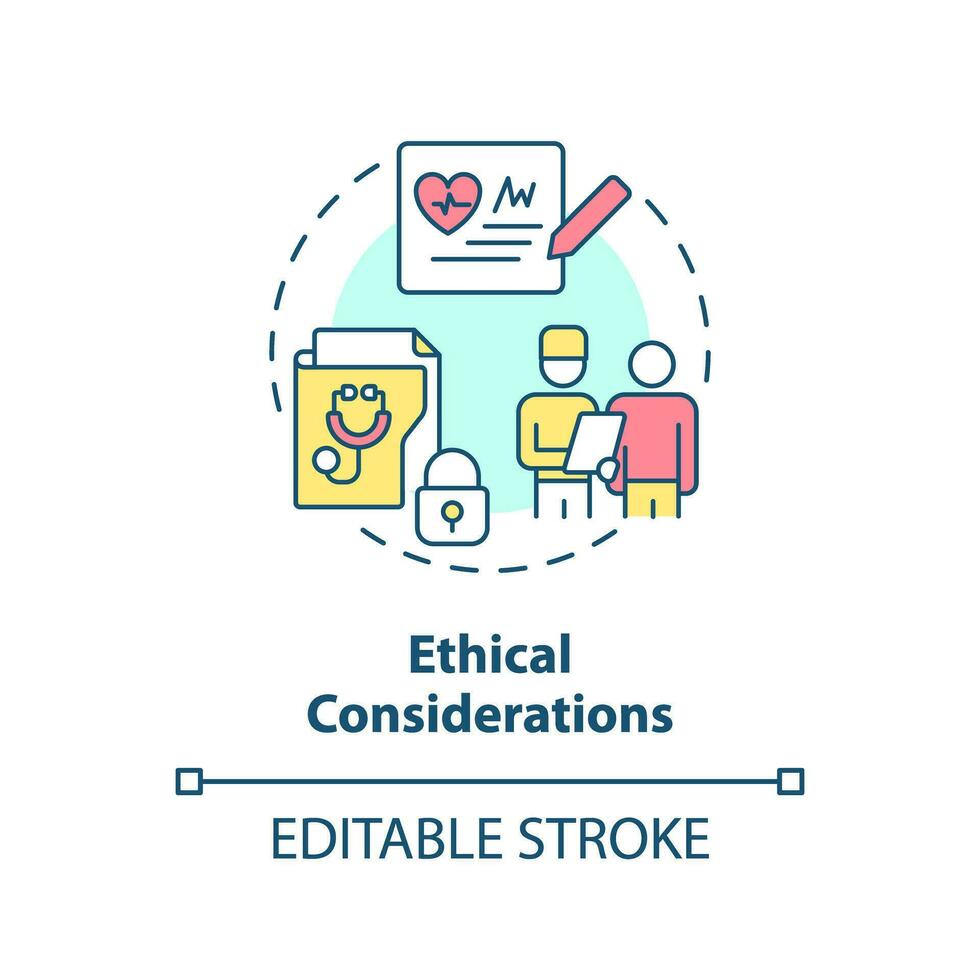 éthique considérations concept icône. patient enregistrements intimité protection garantie. précision médicament facteur abstrait idée mince ligne illustration. isolé contour dessin. modifiable accident vasculaire cérébral vecteur