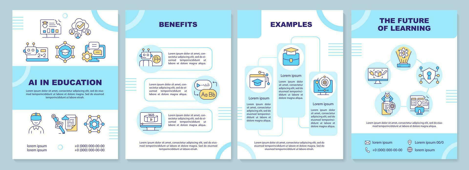 ai dans éducation bleu brochure modèle, brochure conception avec linéaire Icônes. 4 vecteur mises en page représentant futuriste apprentissage.