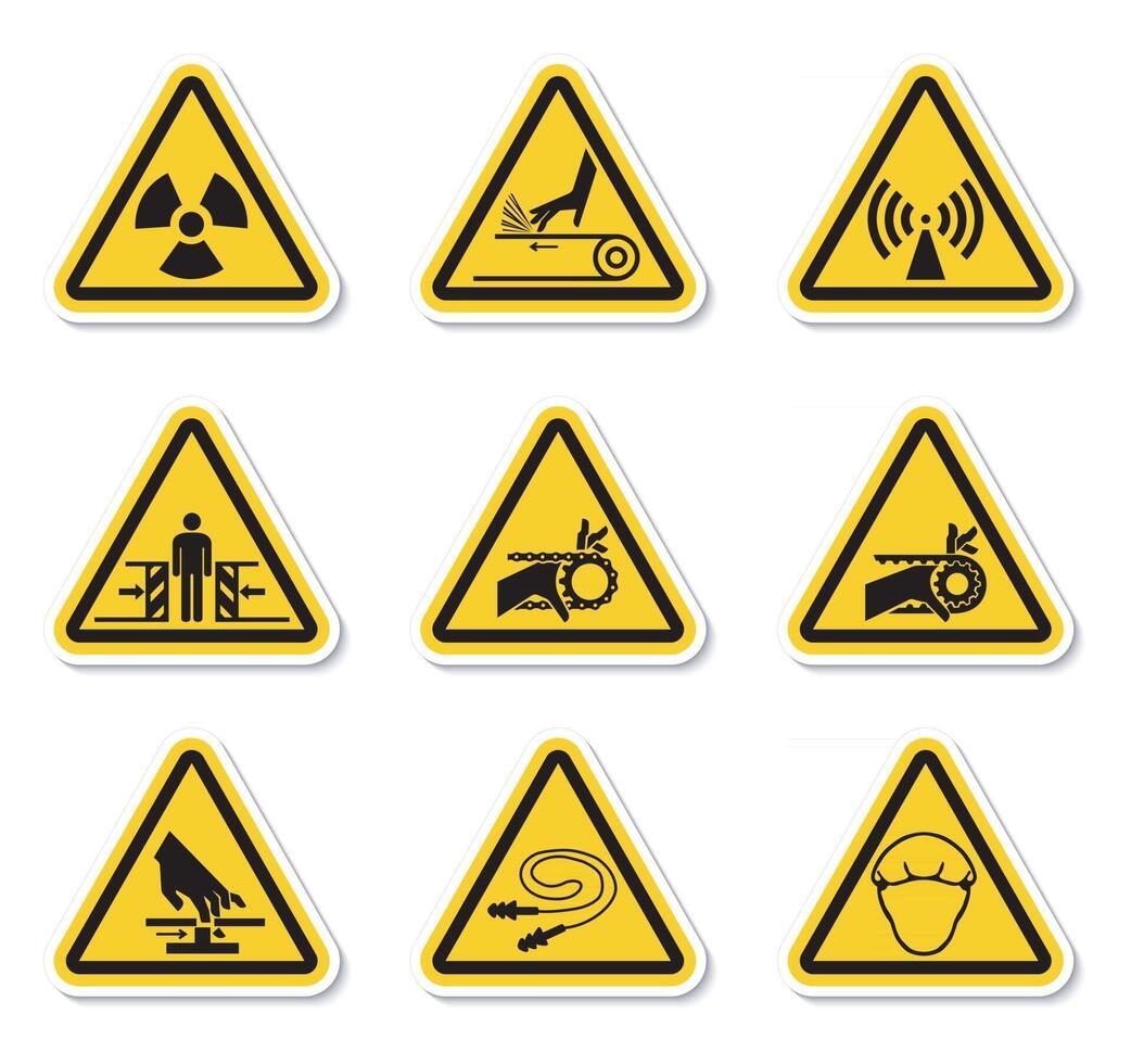 Étiquettes de symboles de danger d'avertissement triangulaires sur fond blanc vecteur