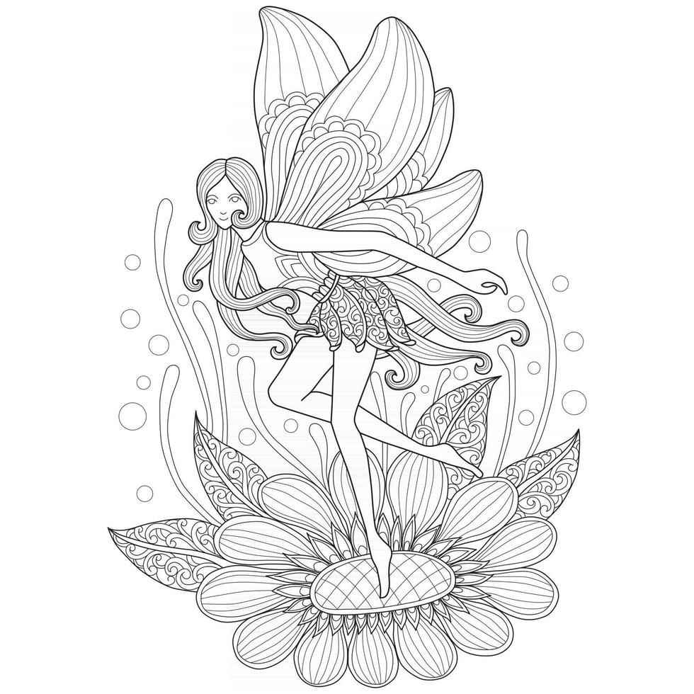 fée et fleur dessinés à la main pour livre de coloriage adulte vecteur