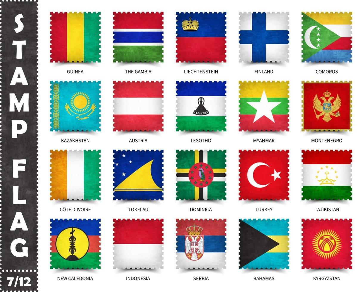 timbre avec le motif officiel du drapeau du pays et l'ancienne texture grunge et le nom du pays. forme carree . vecteur. ensemble 7 de 12 sur cette série. tous les drapeaux nationaux du monde. vecteur