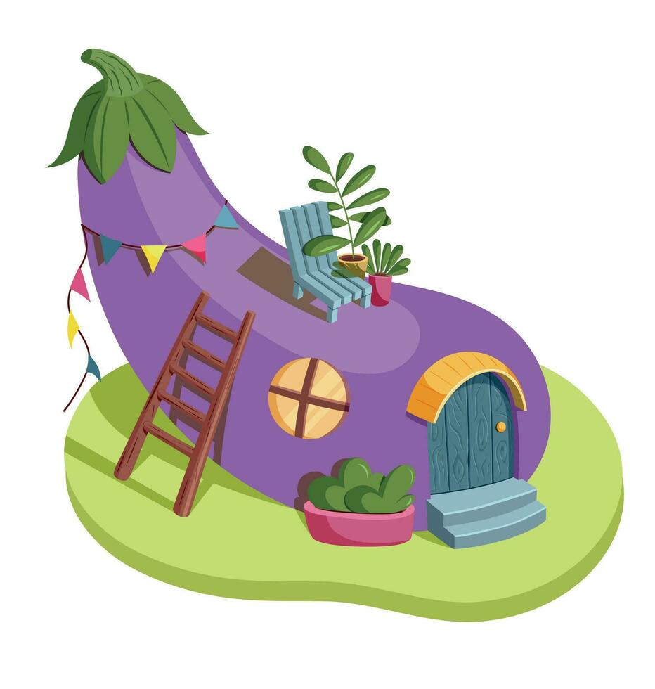 une fantaisie violet aubergine maison avec une cheminée, une mignonne peu fenêtre et une porte sur le vert herbe dans une dessin animé style vecteur