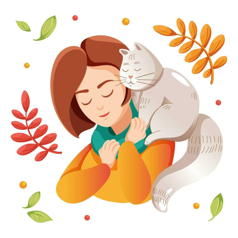 fille avec une chat. confortable l'automne illustration. plat vecteur illustration pour une carte postale, bannière. dessin animé style.