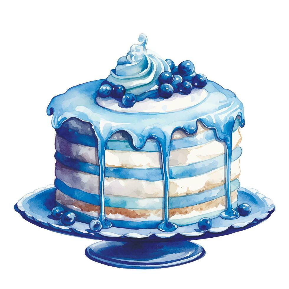 mignonne aquarelle illustration, anniversaire gâteau dans bleu couleur. thème vacances, anniversaire, nouveau née. c'est une garçon vecteur