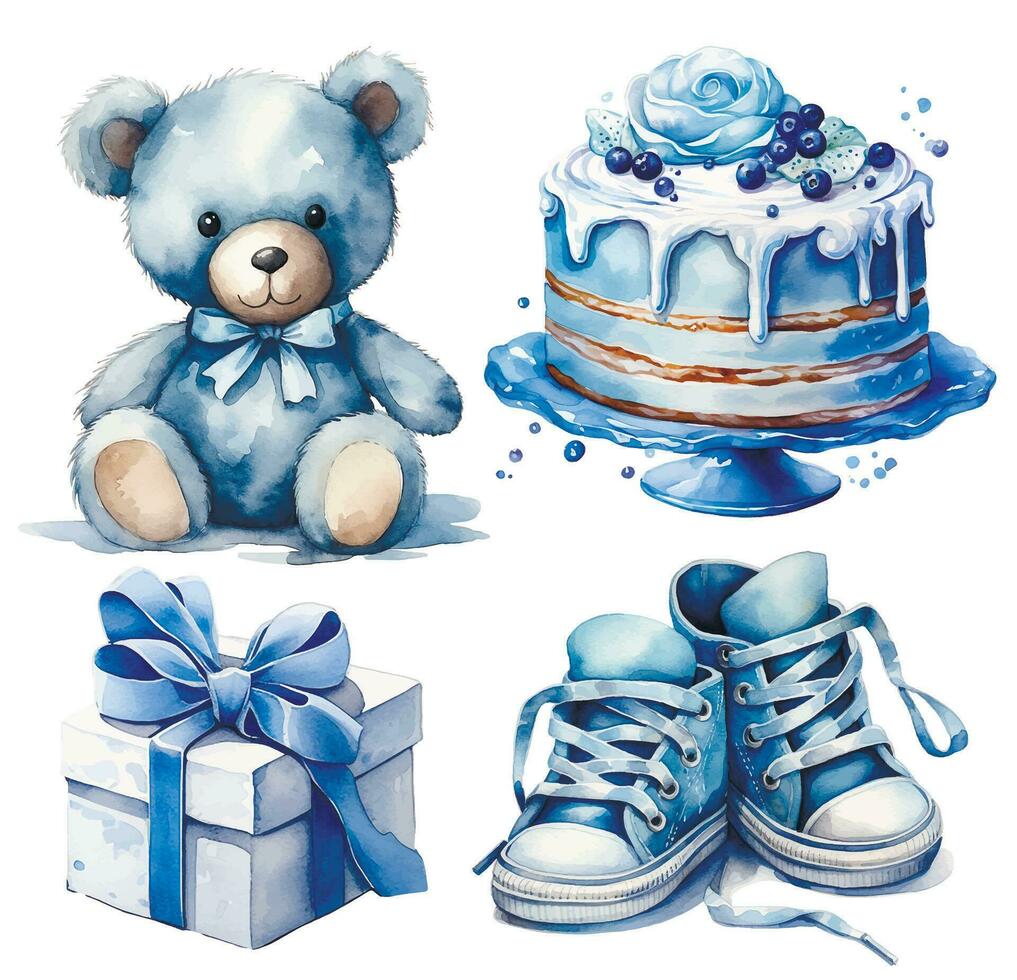 aquarelle ensemble c'est une garçon. enfants chaussures, gâteau, jouets, bleu cadeaux. nouveau née garçon vecteur
