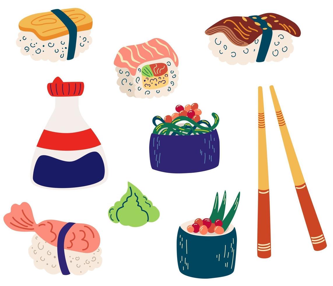 ensemble de sushis et petits pains. sushi gunkan et inari aux crevettes, saumon ou anguille nagiri. sauce soja en bouteille, bâtonnets en bois. cuisine japonaise. nourriture de restaurant. illustration vectorielle à plat. vecteur