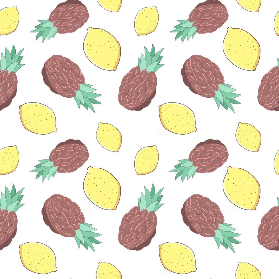 modèle sans couture avec des ananas et des citrons sur fond blanc. texture sans fin de vecteur dans le style de dessin animé avec des traits fins. fruits exotiques