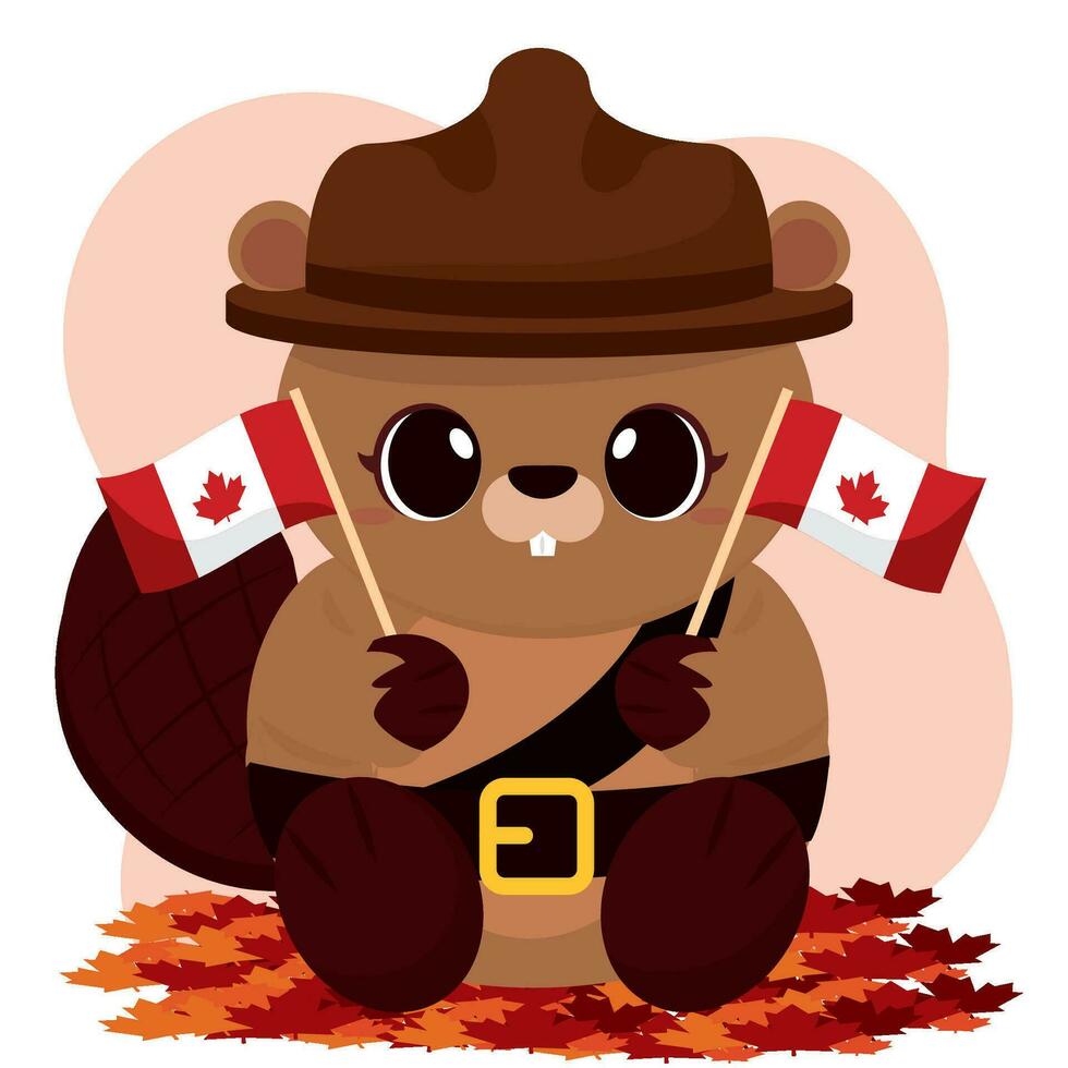 mignonne castor avec forêt ranger uniforme en portant drapeaux de Canada vecteur