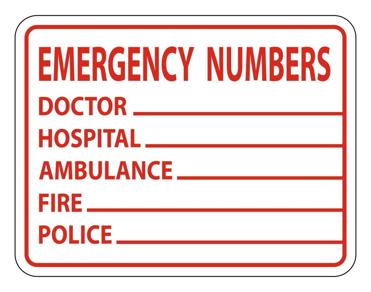 Signe d'étiquette de numéros de téléphone d'urgence sur fond blanc vecteur