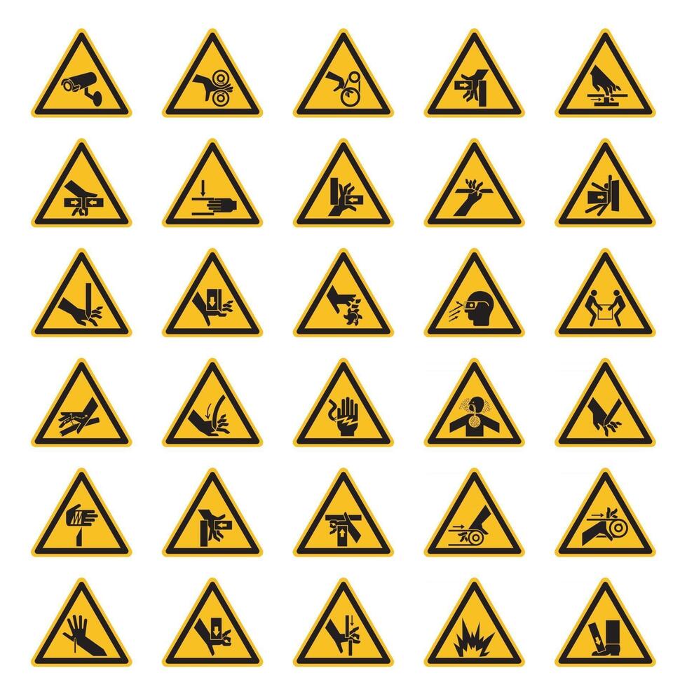 Étiquettes de symboles de danger d'avertissement triangulaires sur fond blanc vecteur