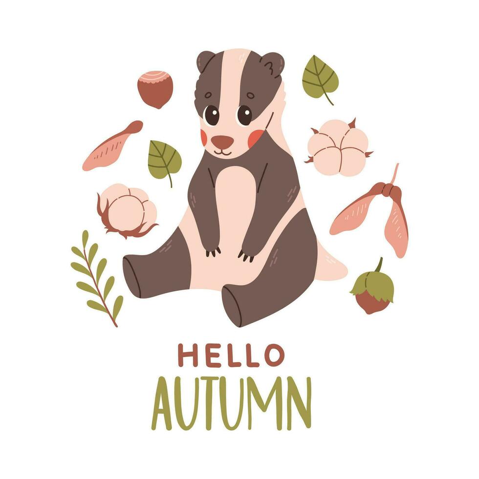 Bonjour l'automne carte postale avec blaireau. des bois carte avec feuilles et mignonne forêt animal sur blanc Contexte. vecteur illustration