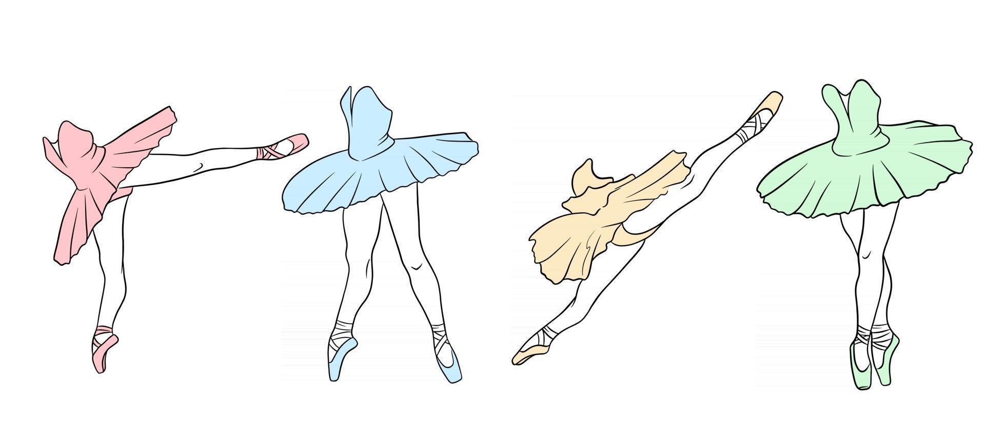 ensemble de ballet. ballerine en pointes et tutu. les jambes du danseur. dessin au trait. vecteur