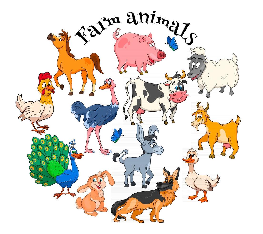 personnages d'animaux de ferme grand ensemble d'animaux ruraux de dessins animés vecteur
