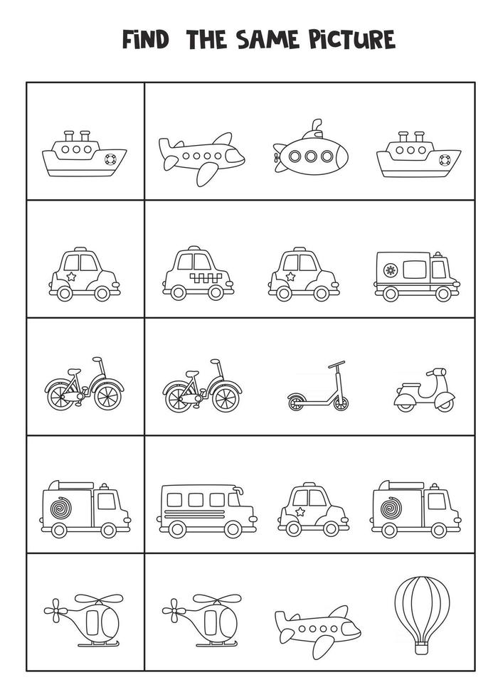 trouver deux le même transport. feuille de travail en noir et blanc. vecteur