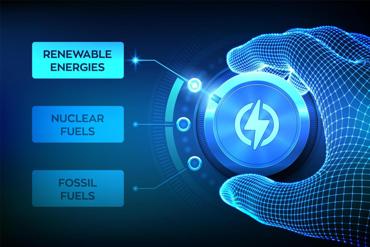 secteurs de l'industrie de l'énergie. wireframe hand tournant un bouton de transition énergétique pour passer des énergies fossiles aux énergies renouvelables. production d'électricité à partir de sources durables. vecteur
