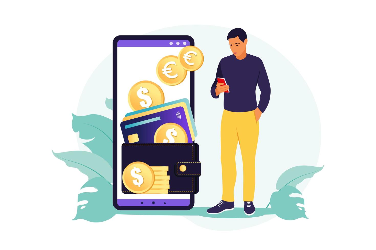 concept de portefeuille numérique. jeune homme riche paie la carte en utilisant le paiement mobile. illustration vectorielle. plat. vecteur