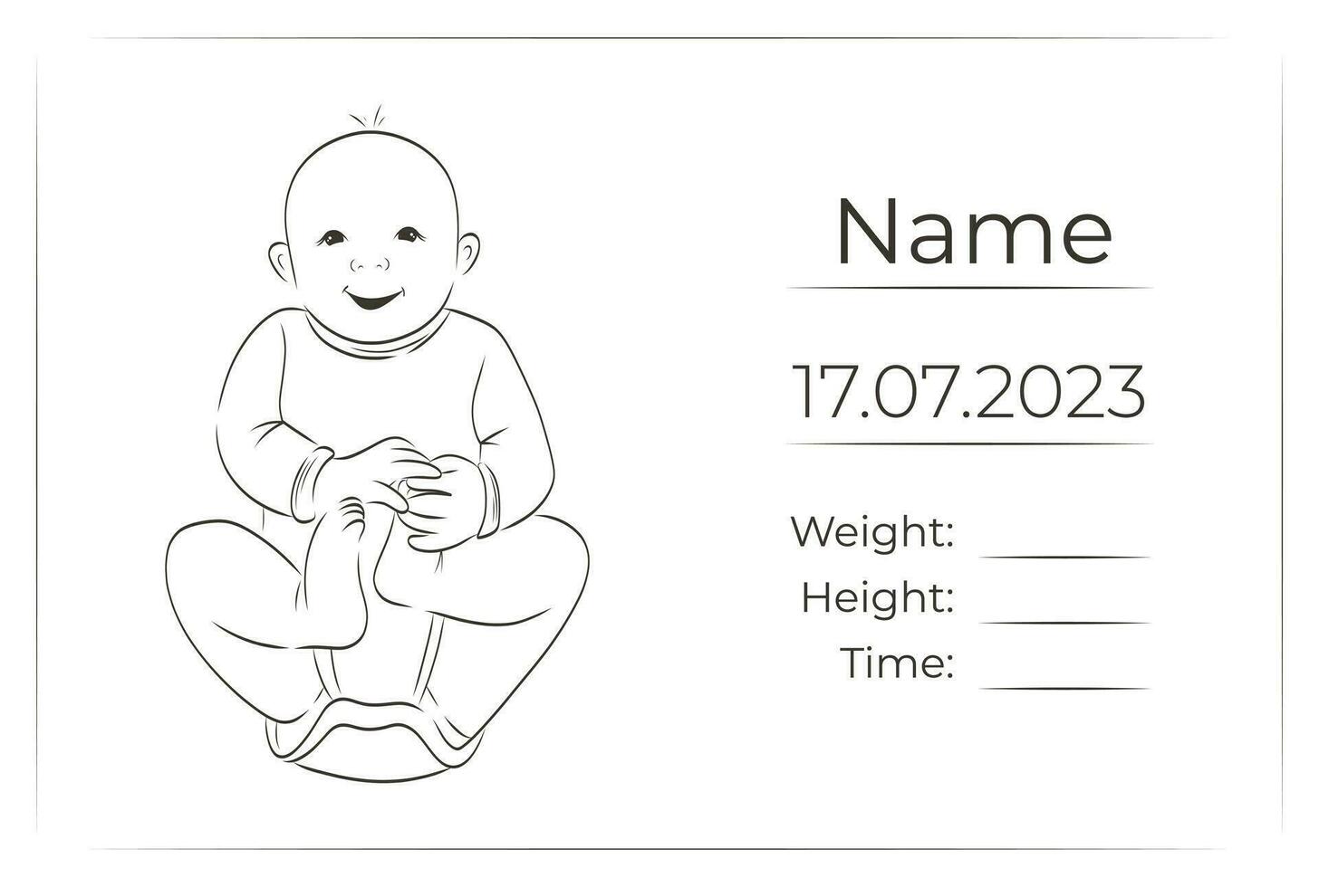 vecteur isolé noir et blanc illustration, souriant enfant en portant le sien jambes, ligne art style. bébé métrique pour nouveau née, bannière avec nom, poids et hauteur.