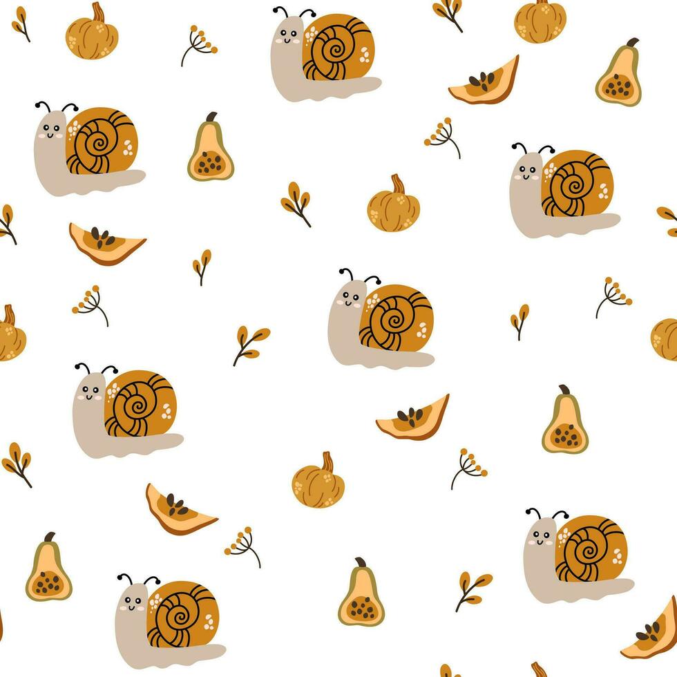 l'automne modèle avec escargots, citrouilles et feuilles. Créatif Contexte pour tissu, textile, scrapbooking et impressions. vecteur des illustrations pour enfants.