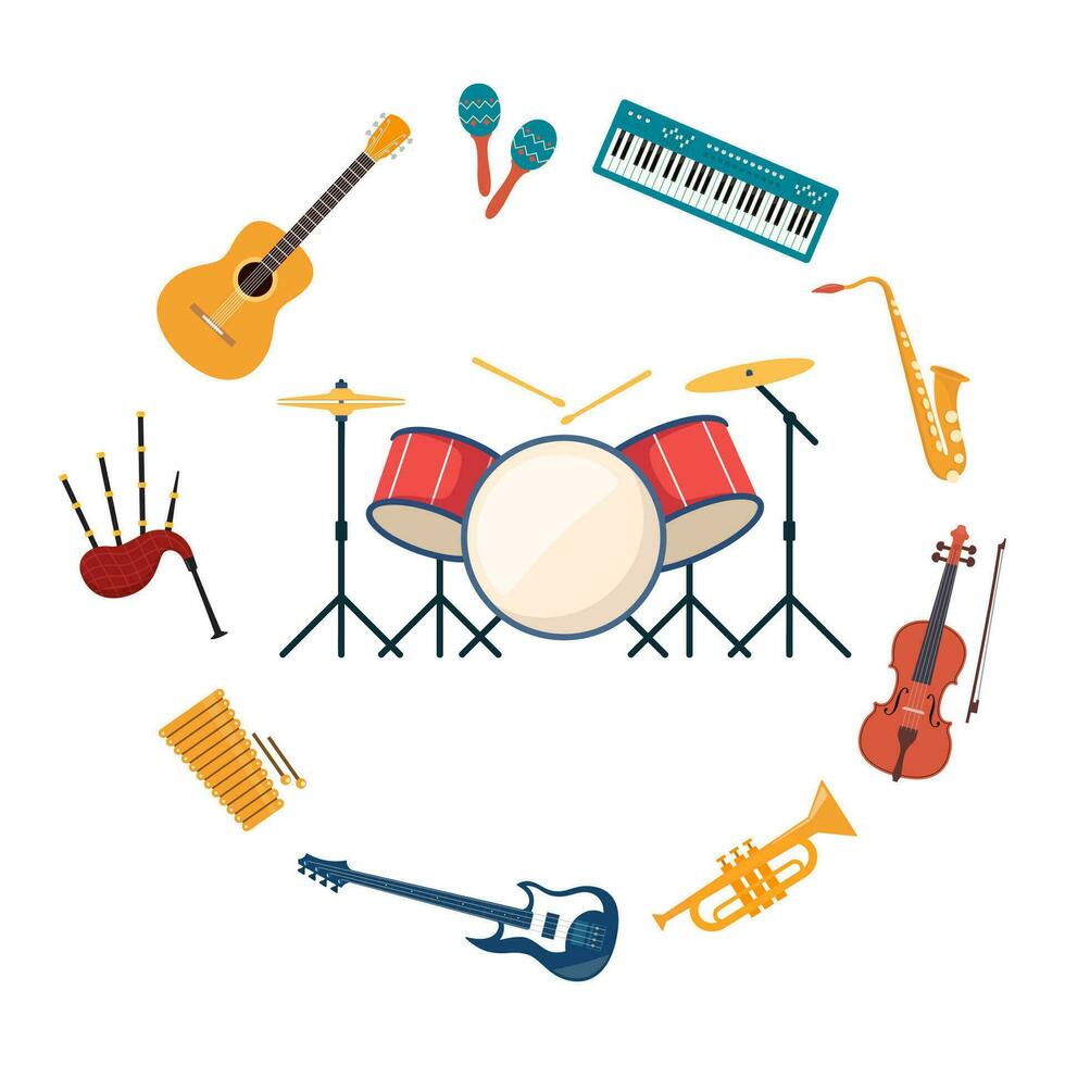 musical instruments, ensemble de Icônes. guitare, synthétiseur, violon, violoncelle, tambouriner, cymbales, saxophone, accordéon, tambourin, grandiose piano. vecteur illustration.