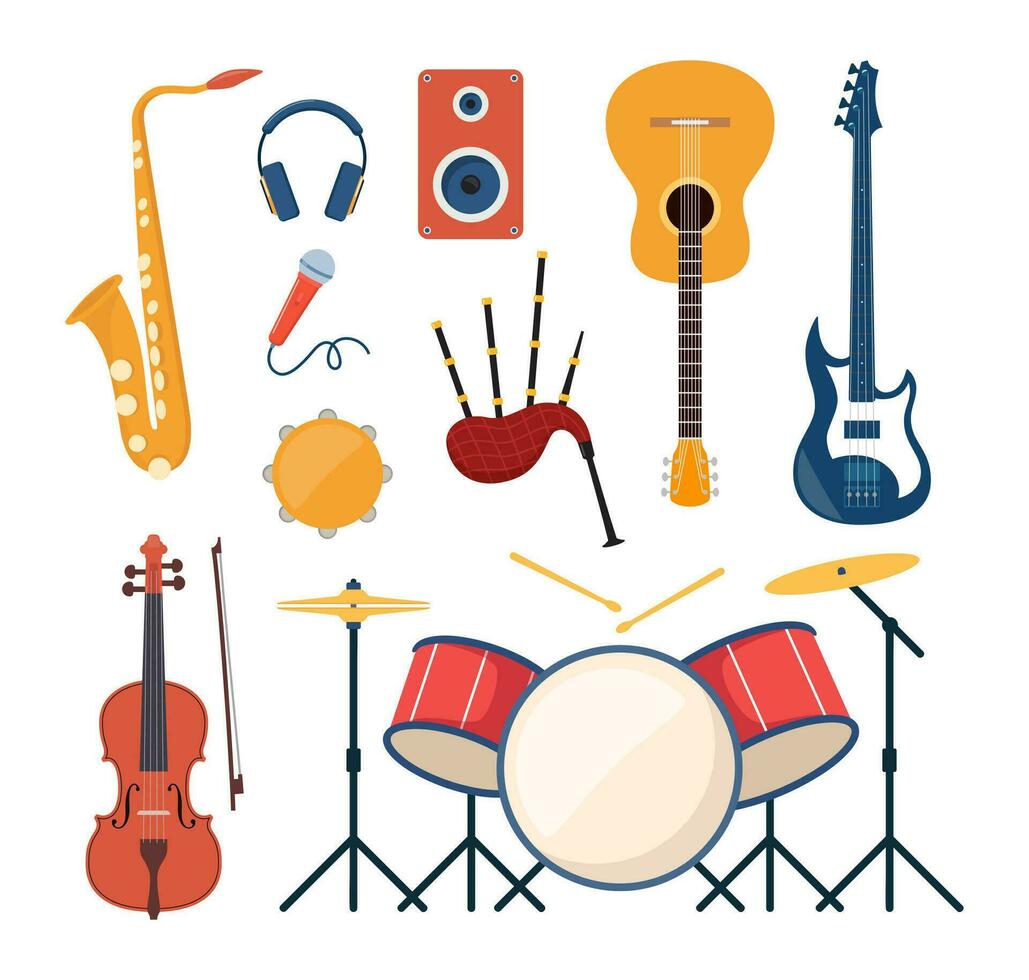 musical instruments, ensemble de Icônes. guitare, synthétiseur, violon, violoncelle, tambouriner, cymbales, saxophone, accordéon, tambourin, grandiose piano. vecteur illustration.