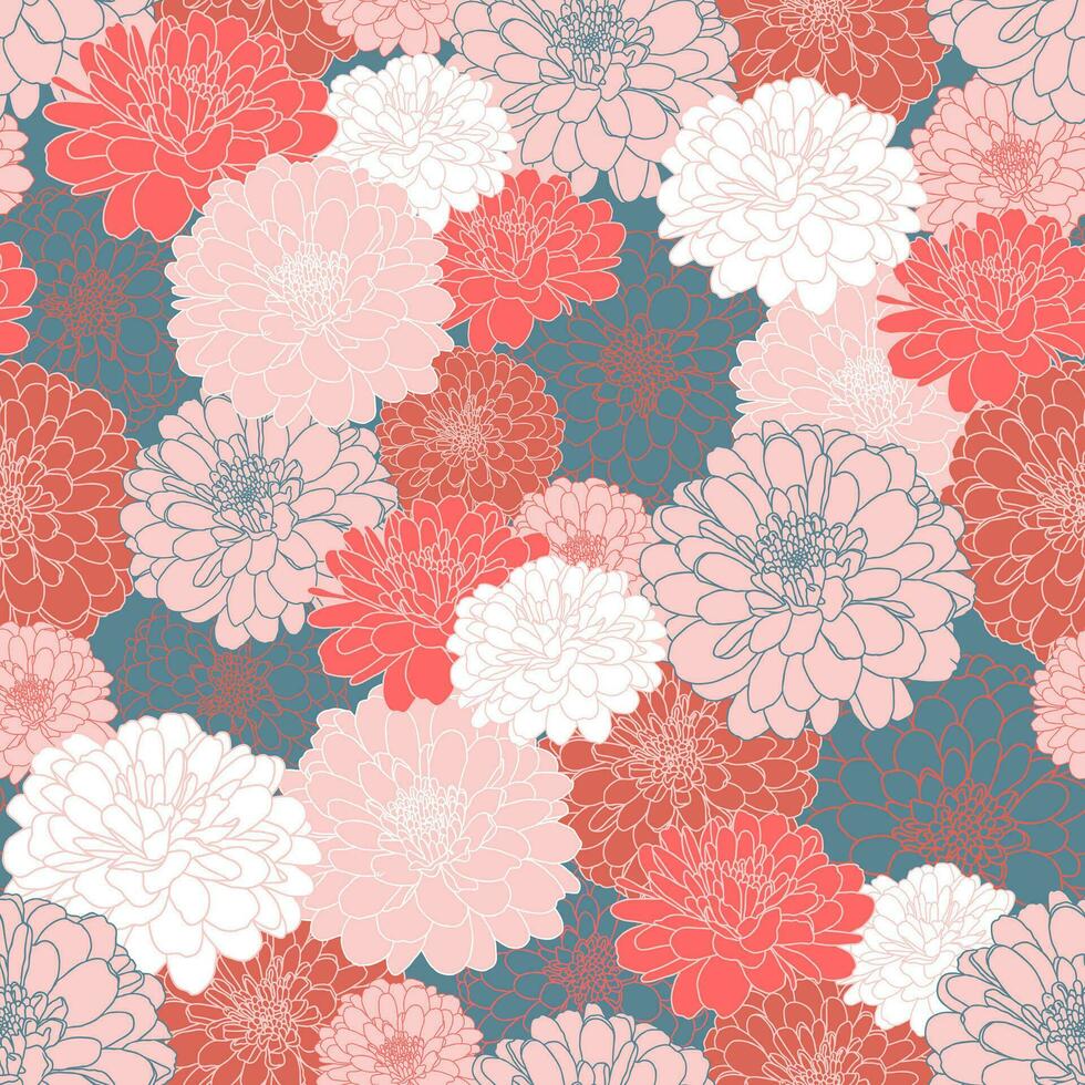 sans couture répéter modèle avec main tiré chrysanthème fleurs dans sarcelle bleu, pêche rose, rouge, blanc couleurs. décoratif impression pour fond d'écran, emballage, textile, tissu, salutations. vecteur