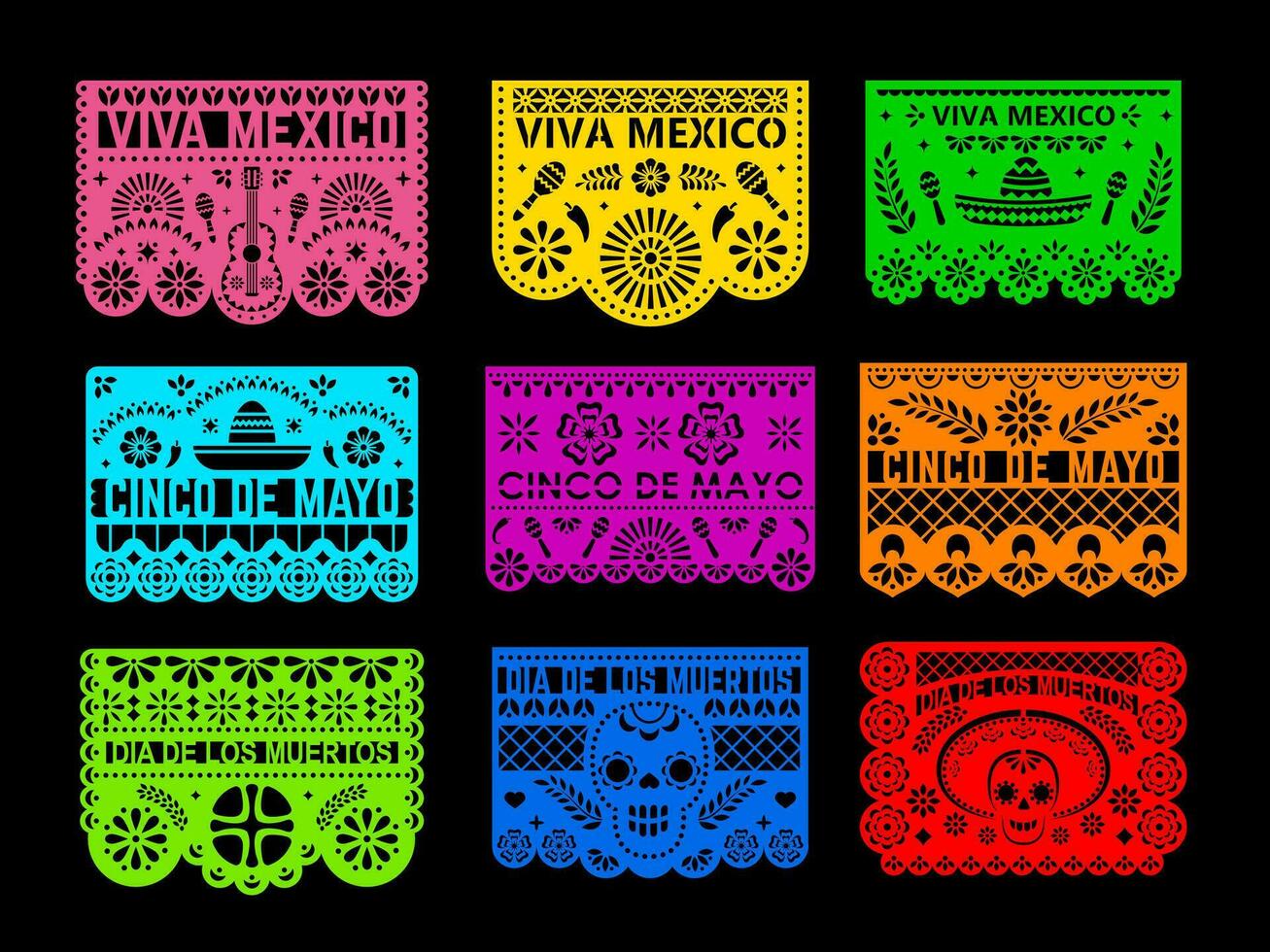 mexicain papel picado papier Couper vacances drapeaux vecteur