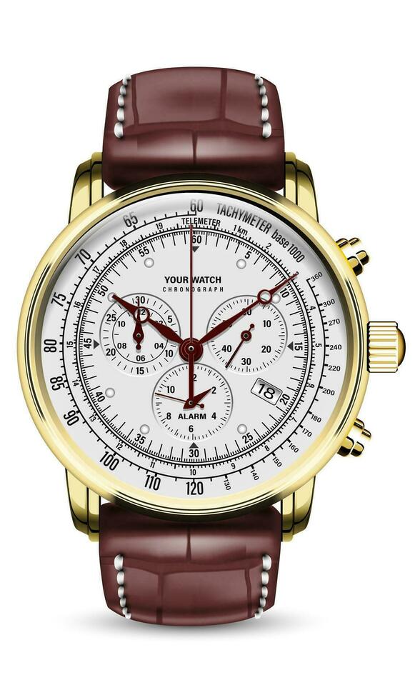 réaliste regarder l'horloge chronographe blanc visage or rouge marron cuir sangle sur blanc conception classique luxe vecteur