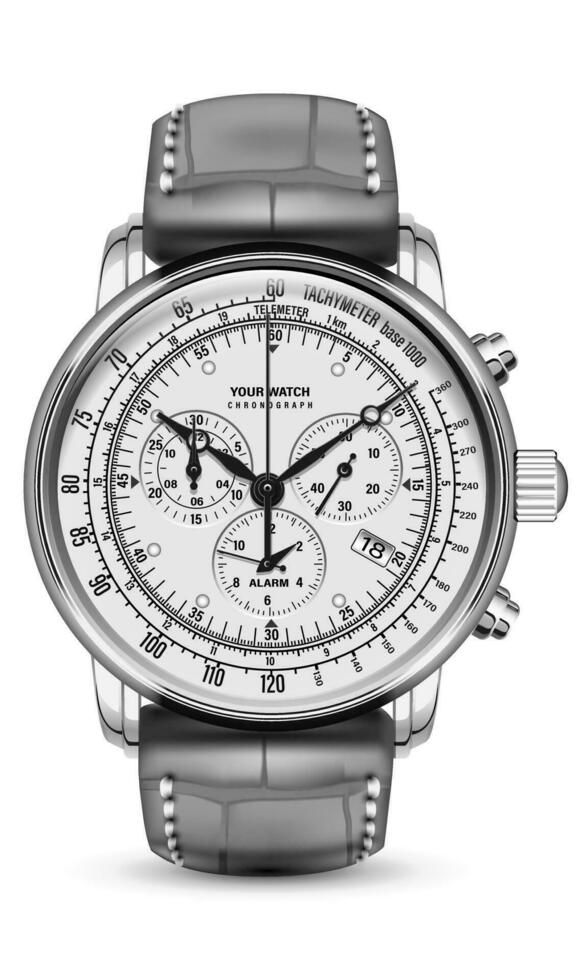 réaliste regarder l'horloge chronographe visage argent foncé gris cuir sangle sur blanc conception classique luxe vecteur illustration.