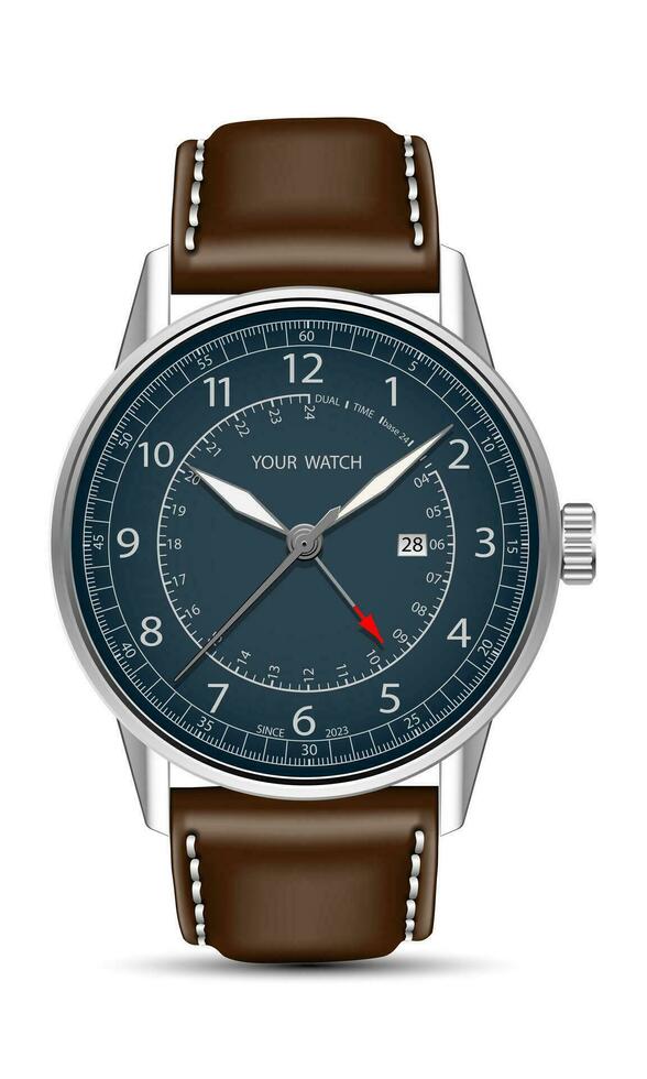 réaliste regarder l'horloge chronographe argent foncé bleu visage foncé marron cuir sangle sur blanc conception classique luxe vecteur