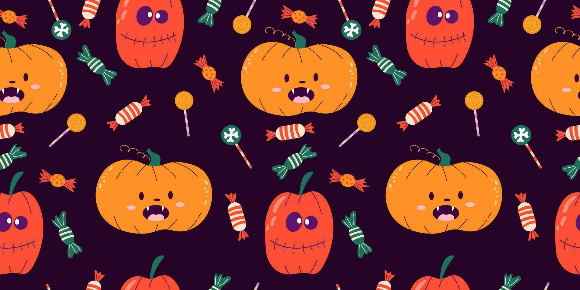 mignonne Halloween sans couture modèle avec émotif citrouilles et des sucreries. coloré vecteur conception sur foncé Contexte.