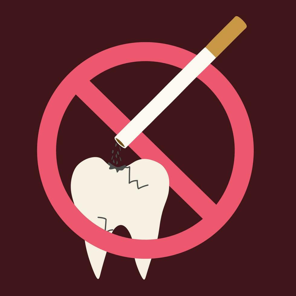 non fumeur concept. plat vecteur illustration avec dent et cigarette cendre. Arrêtez fumeur pour en bonne santé dents, anti tabac campagne. tiré conception art pour affiche, bannière, éducatif placard.