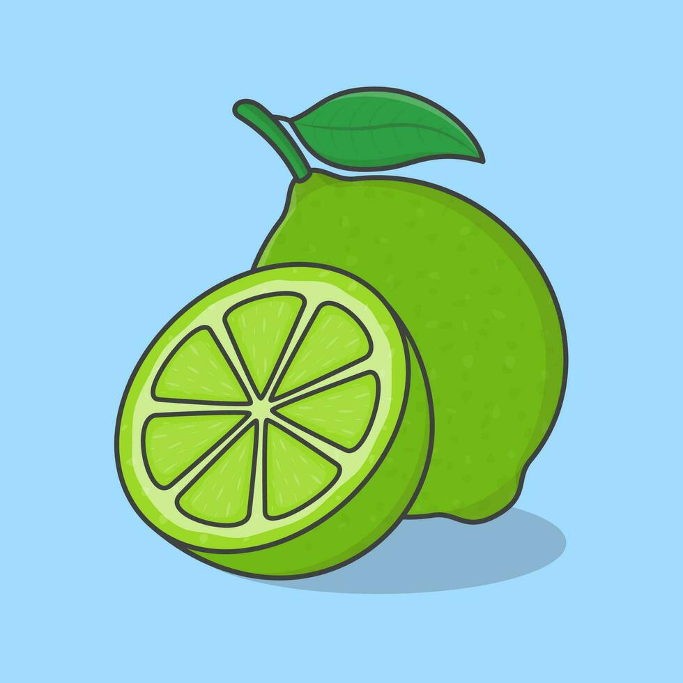 tranche et entier de citron vert dessin animé vecteur illustration. Frais citron vert fruit plat icône contour