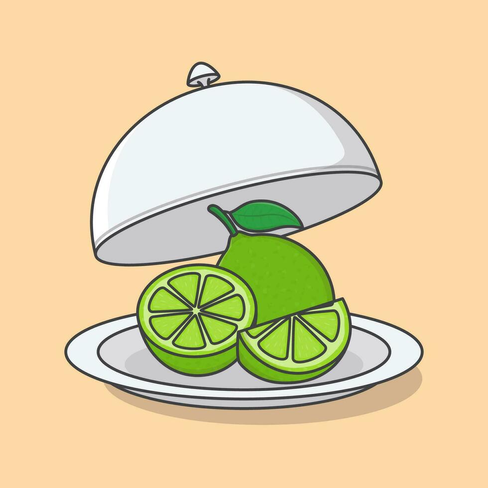 ouvert restaurant cloche avec citron vert dessin animé vecteur illustration. Frais citron vert fruit plat icône contour