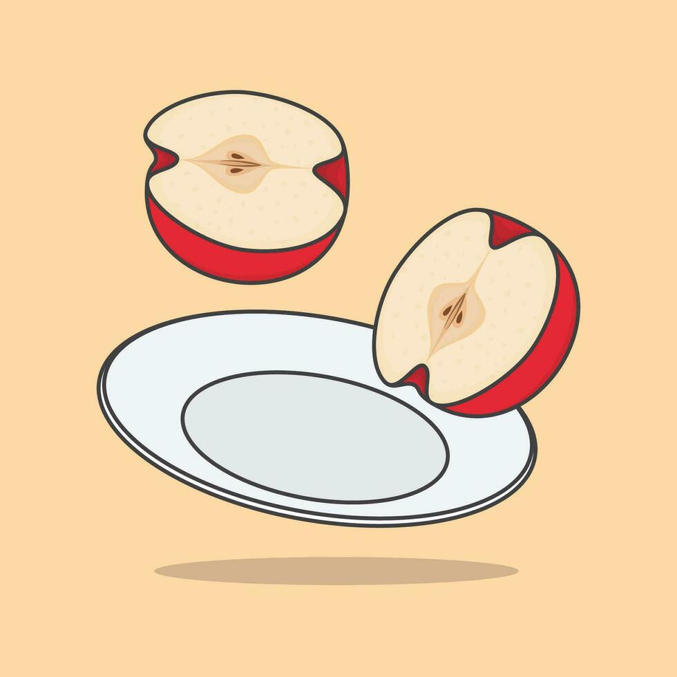 pièces de Pomme fruit sur une assiette dessin animé vecteur illustration. Pomme fruit plat icône contour