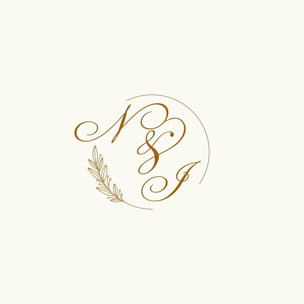 initiales ni mariage monogramme logo avec feuilles et élégant circulaire lignes vecteur