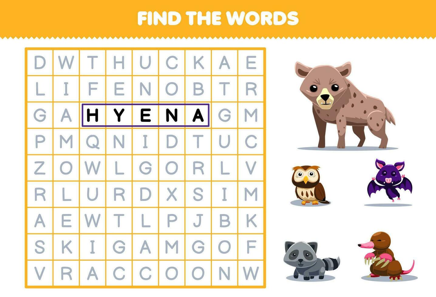 éducation Jeu pour les enfants trouver le mots pour mignonne dessin animé hyène hibou chauve souris raton laveur Môle imprimable animal feuille de travail vecteur