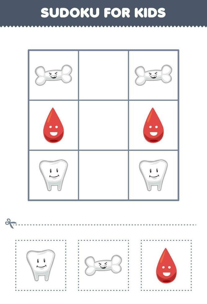 éducation Jeu pour les enfants facile sudoku pour des gamins avec mignonne dessin animé dent OS et du sang imprimable anatomie et organe feuille de travail vecteur