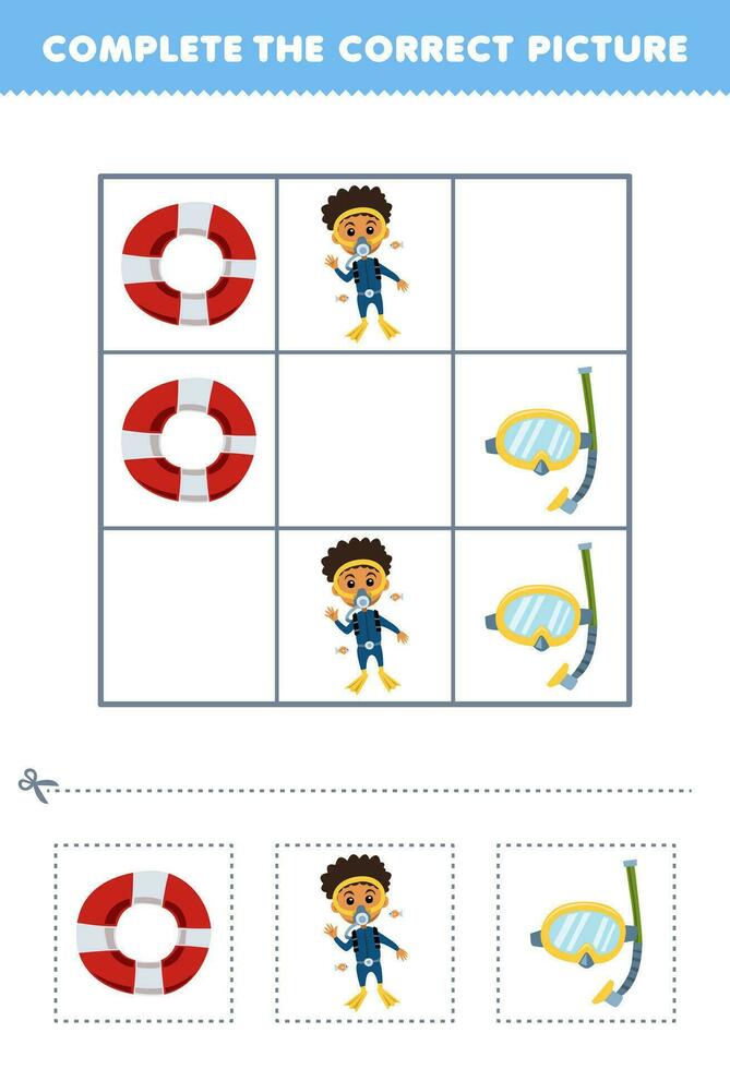 éducation Jeu pour les enfants Achevée le correct image de une mignonne dessin animé bouée de sauvetage plongeur et surfant des lunettes de protection imprimable profession feuille de travail vecteur