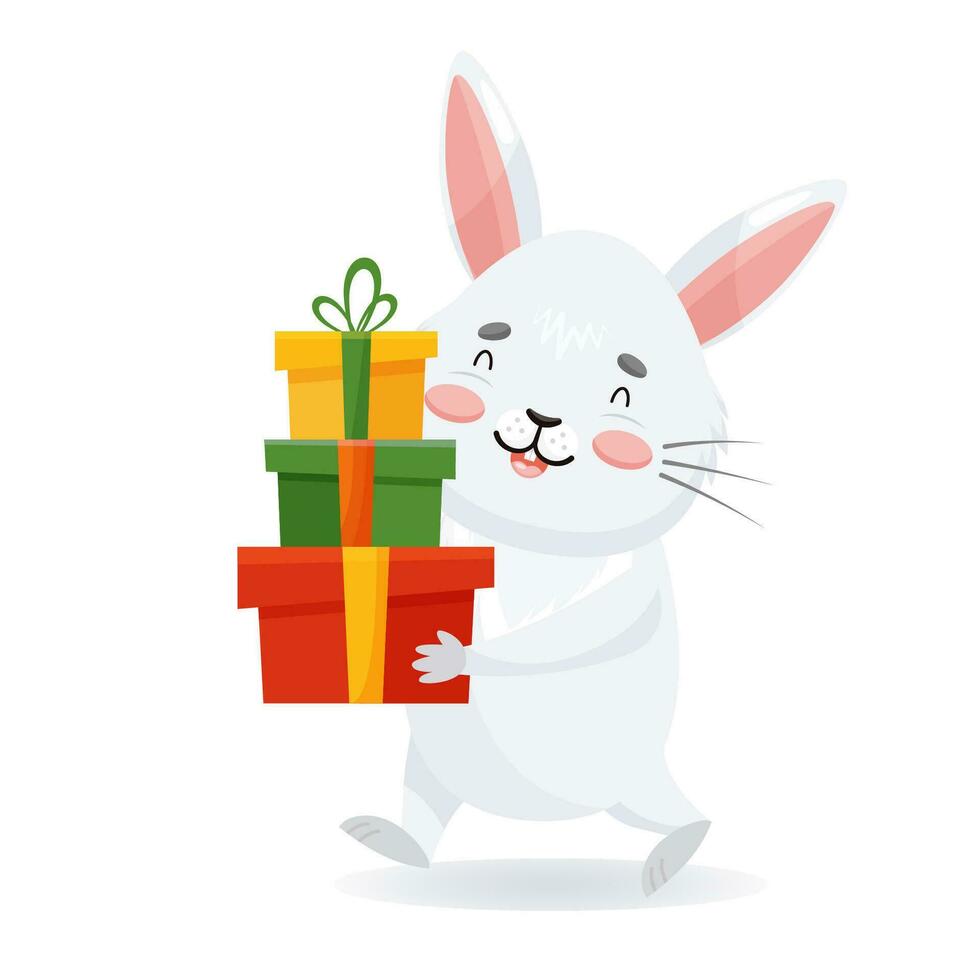 mignonne gris lapin porte cadeaux. content lapin va à donner cadeaux. personnage dans dessin animé style pour vacances journée vecteur