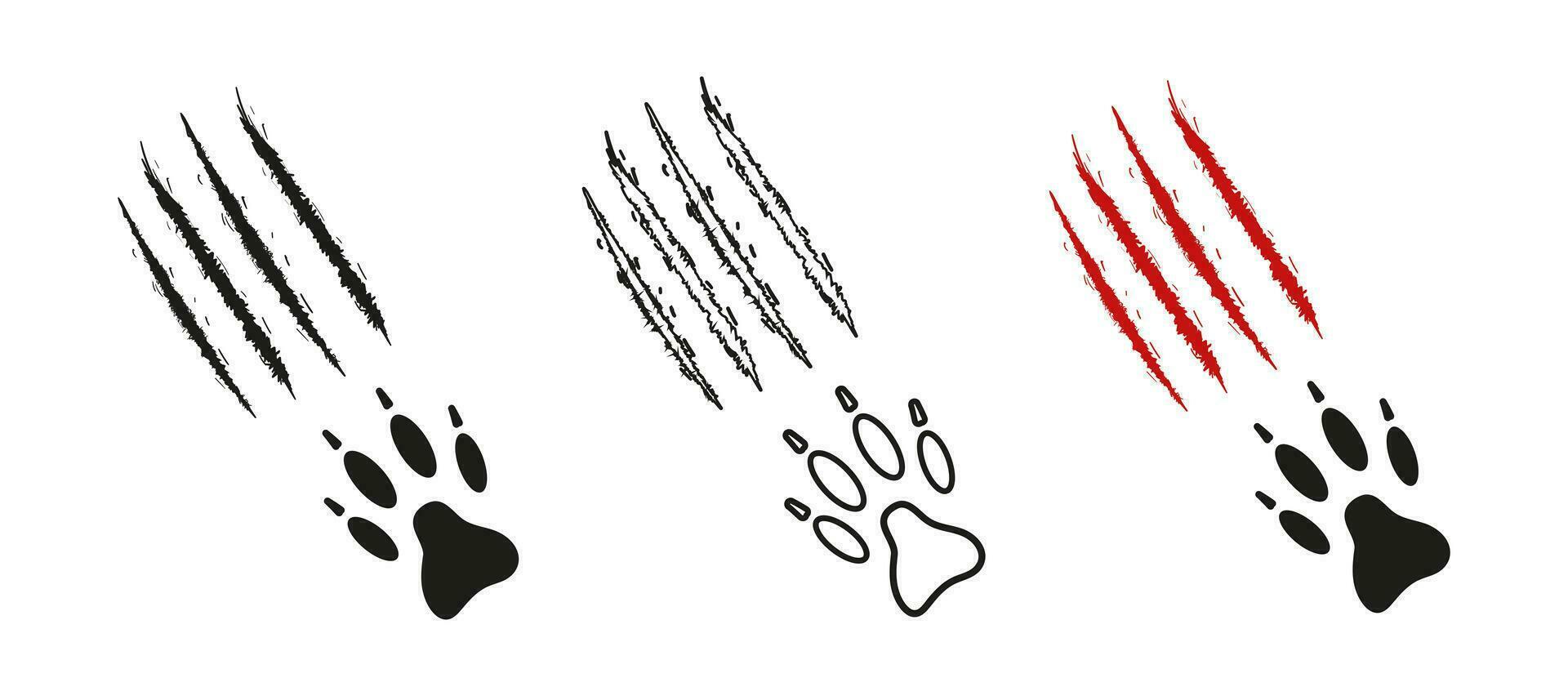 chien ou Loup patte impression avec rayures. noir silhouette, contour, rouge couleur. griffe Des marques, coupes, blessures. patte de sauvage animal, coyote, Renard, tigre, lion, chat, puma, léopard, guépard, jaguar. vecteur isolé