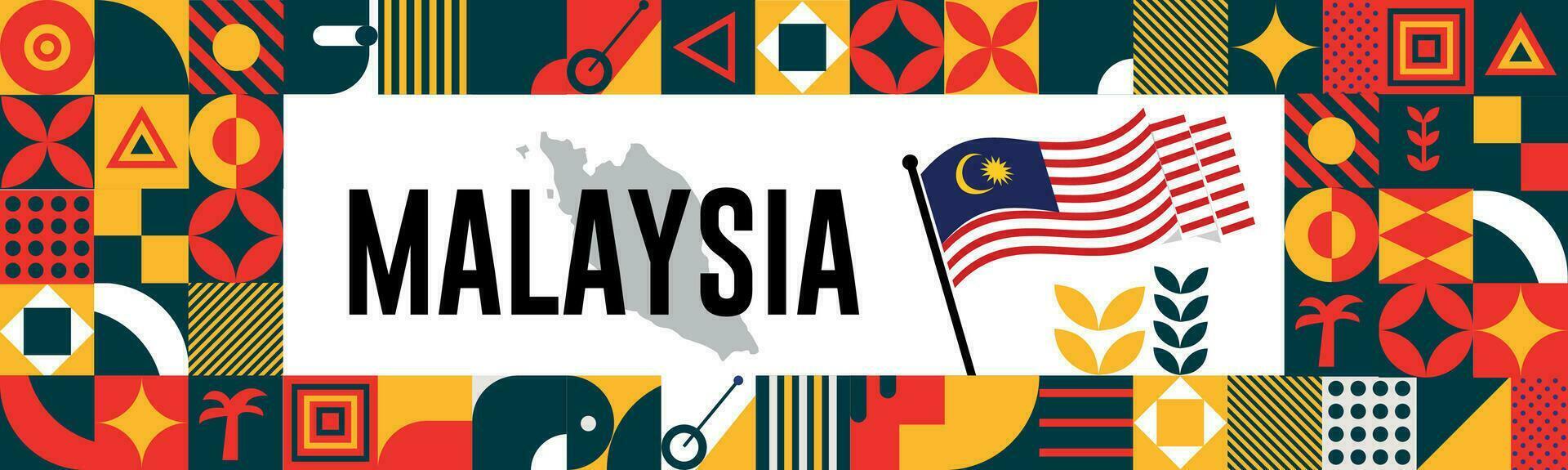 Malaisie nationale journée bannière avec carte, drapeau couleurs thème Contexte et géométrique abstrait rétro moderne coloré conception avec élevé mains ou poings. vecteur