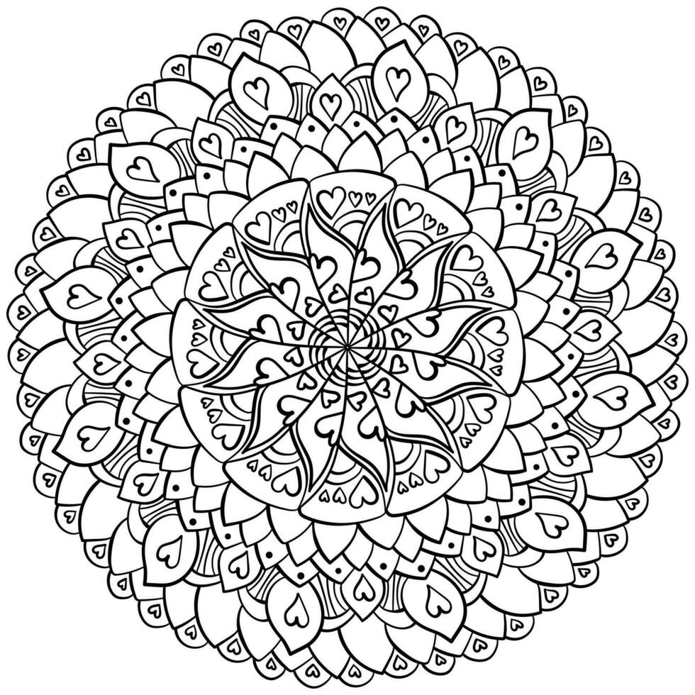 contour mandala avec beaucoup petit griffonnage pétales, coloration page avec Facile motifs et cœurs vecteur