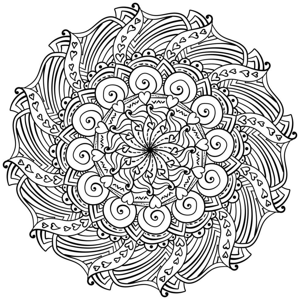 mandala avec spirale et rayé motifs, coloration page avec cœurs vecteur