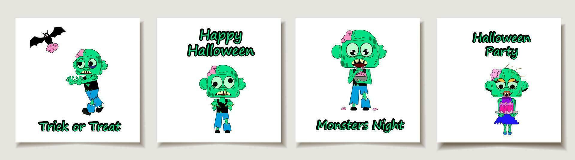 ensemble de Halloween cartes avec ensemble de quatre dessin animé zombi. . Halloween costume concept. salutation cartes avec la magie articles. vecteur