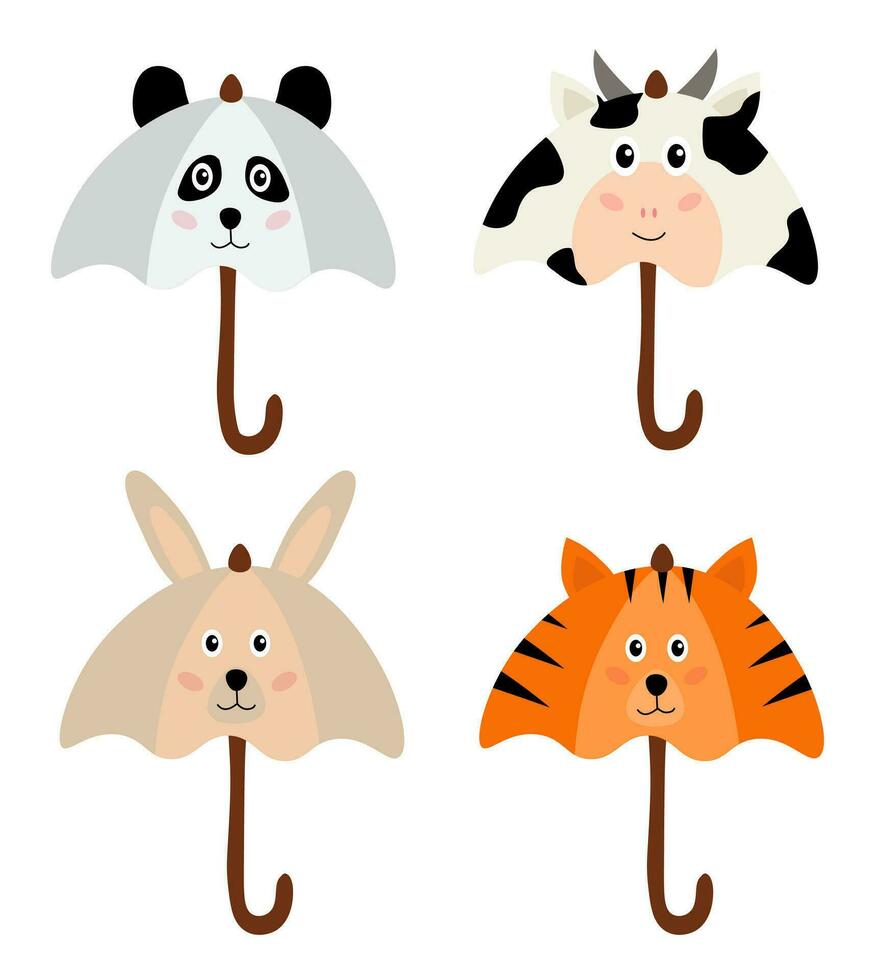 collection de animalier parapluies. des photos pour les enfants. accessoires avec animaux. lapin, tigre, Panda, vache. graphique éléments. plat vecteur illustration ensemble.