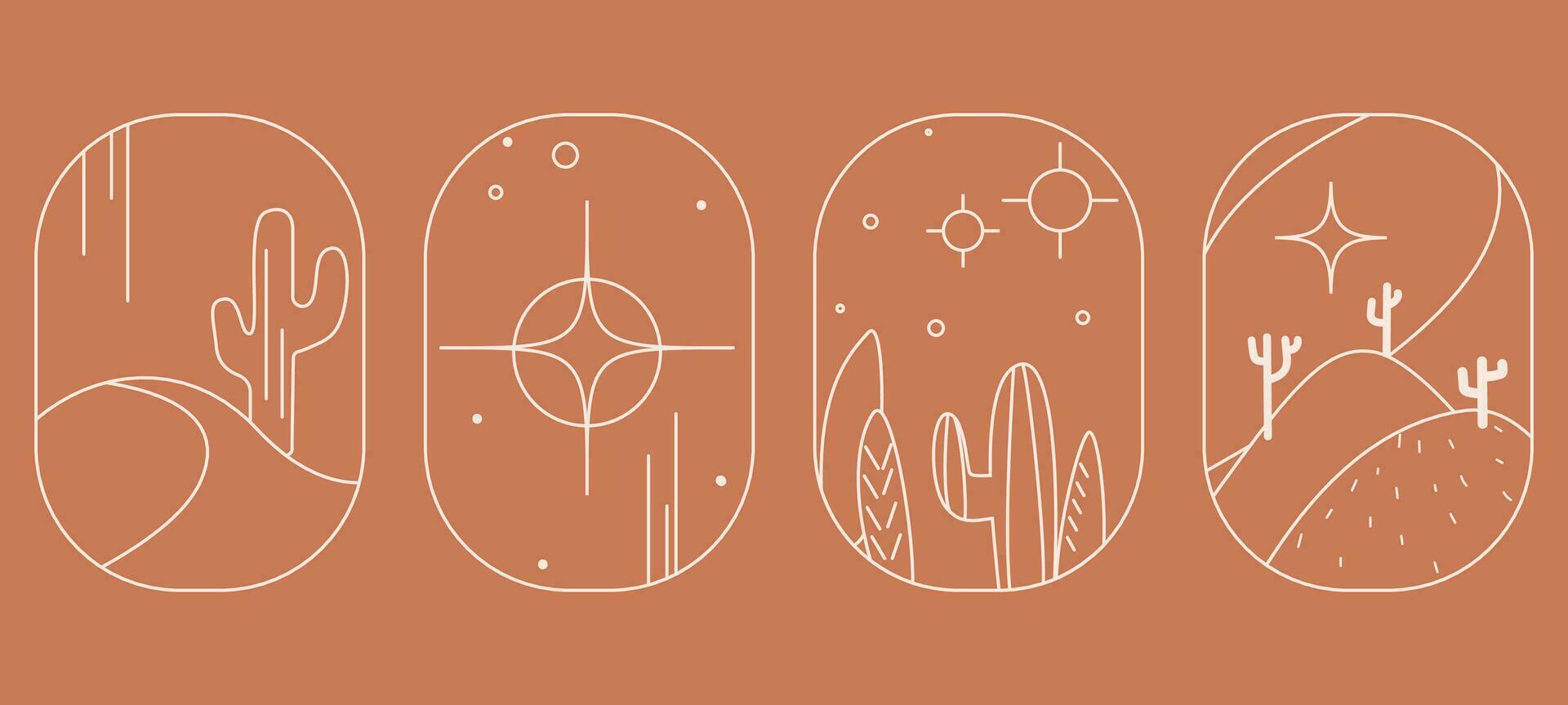 boho paysage logos ensemble dans branché minimal style. paysage, cactus, arcs et les fenêtres conception modèles, géométrique abstrait conception éléments pour décoration. vecteur