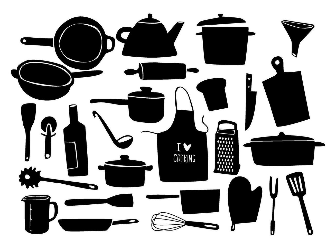 cuisine outil ensemble dans silhouette. cuisine ustensile esquisser style. cuisson équipement collection. ustensiles de cuisine vecteur