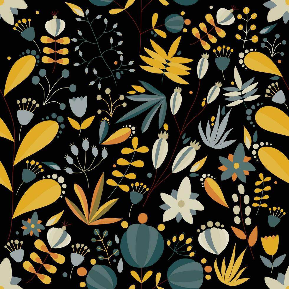 floral sans couture modèle avec fleurs et les plantes dans noir Contexte. tropical vecteur illustration.